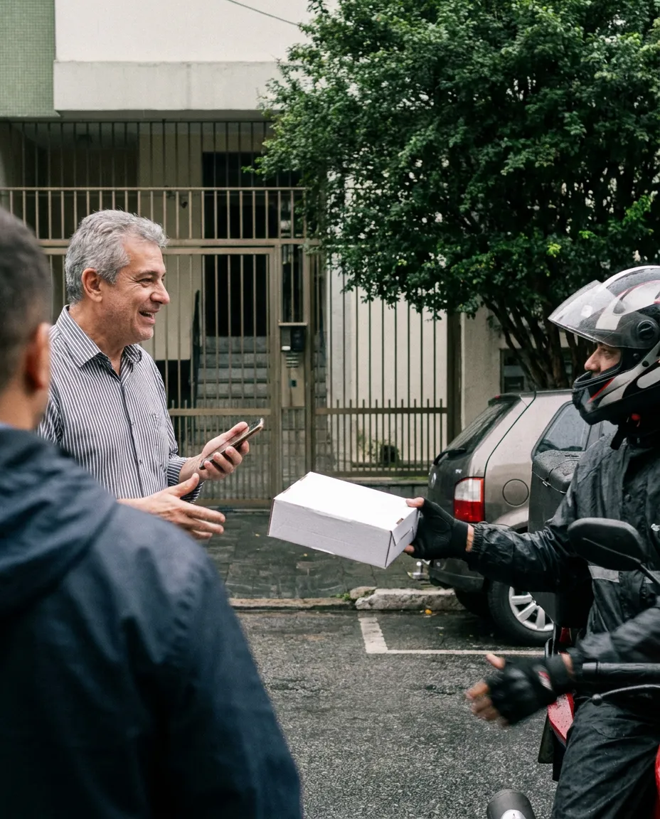 Motoboy da Pomar entregando a caixa na porta do prédio do cliente