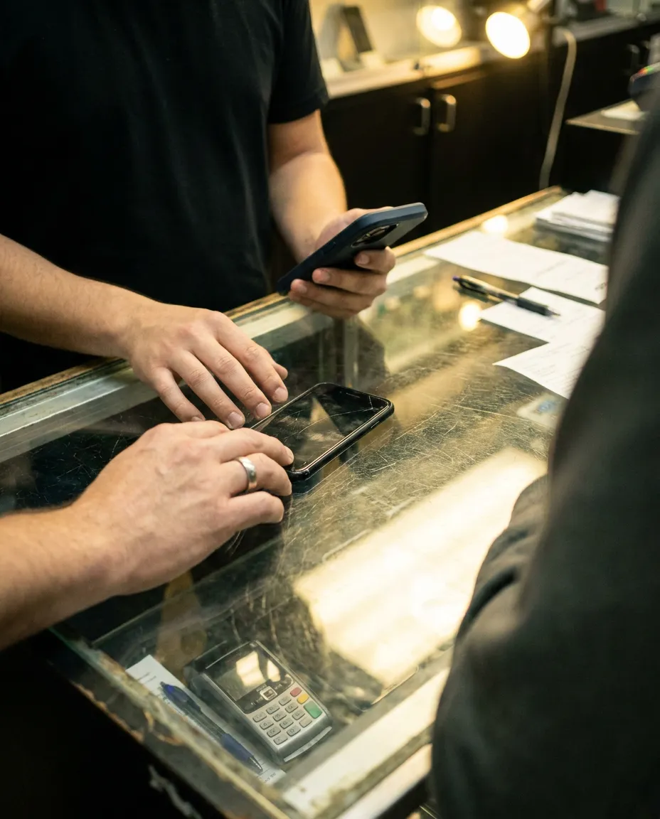 Cliente entregando o iPhone usado no balcão da loja pra avaliação